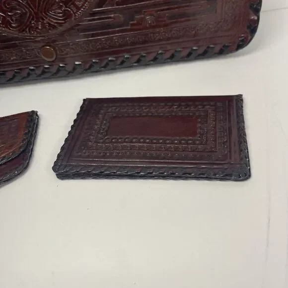 Wallet Fold Hand Tooled Leather Embossed Aztec Stamped Mexico Brown 12x7.5in WOW